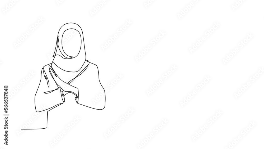 Poster animated self drawing of continuous line draw arabian woman crossing arms and saying no gesture. per