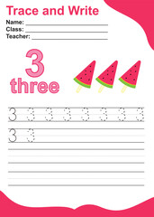 Number three tracing practice worksheet with three watermelon ice cream for kids learning to count and to write. Vector Illustration. Exercise for children to recognize the number.