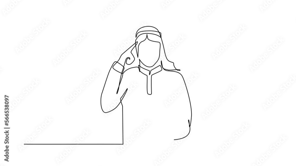 Poster animated self drawing of continuous line draw man touching his temples and remembering something. ma