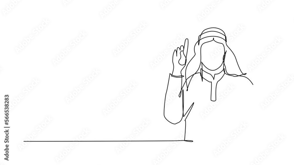 Poster animated self drawing of continuous line draw arab male pointing up finger while standing and smilin