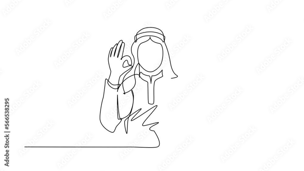 Poster animated self drawing of continuous line draw man in traditional clothes gesturing ok sign. gesture 