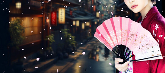 和服を着た女性と日本の街並み　バナー・広告向け横長ビジュアル - obrazy, fototapety, plakaty