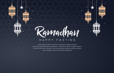 happy ramadan kareem illustration with beautiful islamic ornament and dark blue background design