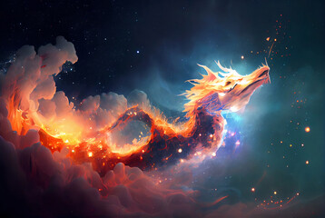 Obraz na płótnie Canvas Fire and ice with Galaxy Dragon inspired by Asian culture, Blue and Orange Paint Style,