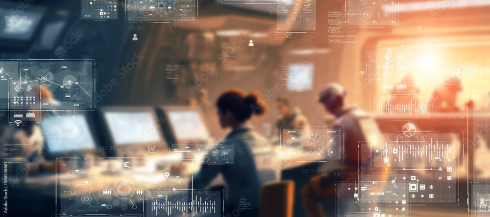 Aufkleber group of people in the office and digital data concept. wide angle visual for banners or advertiseme