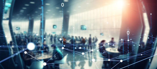 Group of people in the office and communication network concept. Wide angle visual for banners or...