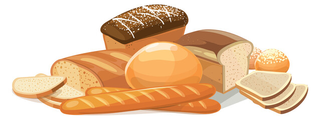 Bread pile. Cartoon bakery icon. Whole and cutted loaves
