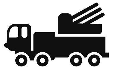 Military missile launcher truck. Army transport black icon