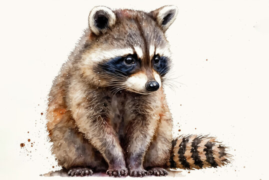 Raccoon watercolor painting isolated on white. Generative AI
