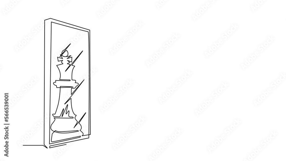 Poster Self drawing animation of single line draw businessman standing in front of mirror, reflecting chess king. Metaphor of confidence. Opportunities concept. Continuous line draw. Full length animated
