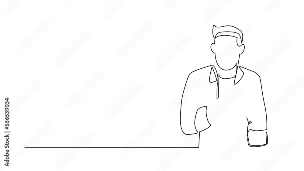 Poster self drawing animation of single line draw young man keeping hands on chest. smiling friendly male e