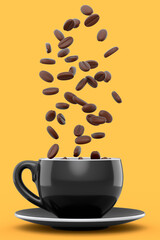 Ceramic coffee cup with coffee beans for americano, espresso, latte on yellow
