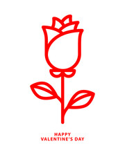 Happy Valentines Day card, red rose flower, simple line icon