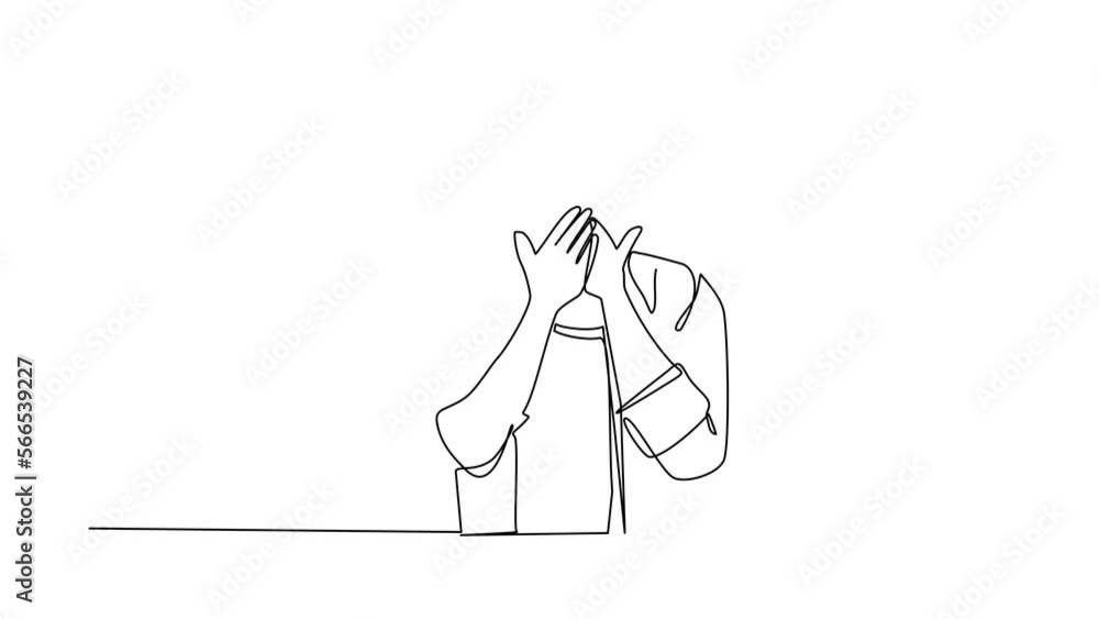 Poster animated self drawing of continuous line draw man covering mouth with hands. mouth with hand shocked