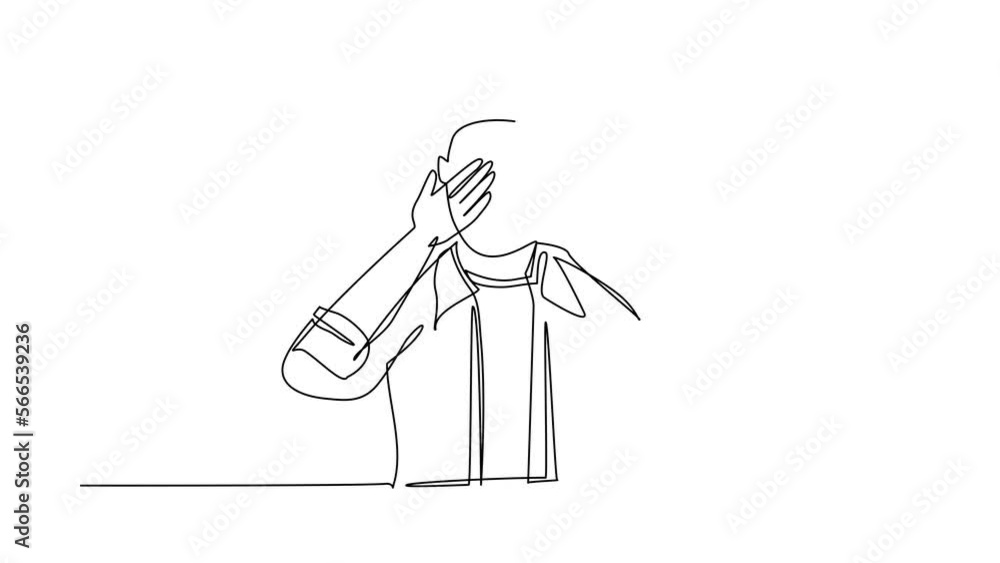 Poster self drawing animation of single line draw man closes his eyes with his hands because of disgust and