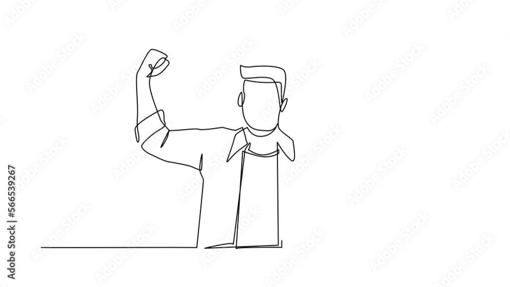 Aufkleber animated self drawing of single continuous line draw happy employee of company stands in strong pose