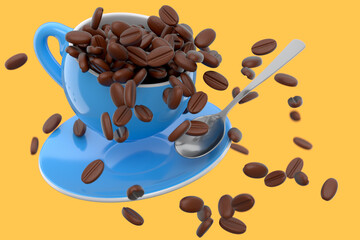 Ceramic coffee cup with coffee beans for americano, espresso, latte on yellow