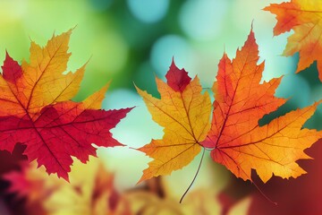 Plakat Set of green, yellow, orange and red leaves isolated transparent png. Autumn colored canada and japanese maple, oak, grape, platan leaves gradient. Transition from summer to fall. Generative AI