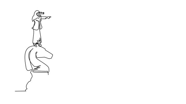 Animated self drawing of continuous line draw businesswoman on top of big horse chess piece using telescope looking for success, opportunities, future business trends. Full length one line animation