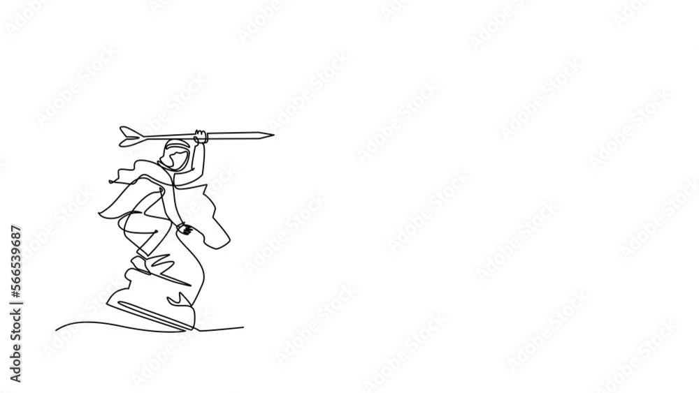 Poster animated self drawing of continuous line draw arabian businessman holding a dart arrow while riding 