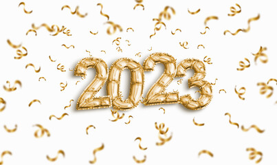 2023 Realistic Gold Foil Balloons with ribbons. Happy Birthday, Merry Christmas, Happy New Year, Anniversary, Greeting card. 3D illustration - white background