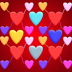 A 3D illustration multicolored hearts shape on lite red background. for Valentine's day