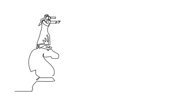 Animated self drawing of continuous line draw businessman on top of big horse chess piece using telescope looking for success, opportunities, future business trends. Full length one line animation