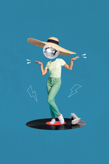 Vertical collage illustration of excited mini person dancing huge vinyl record disco ball instead head straw sunhat isolated on blue background