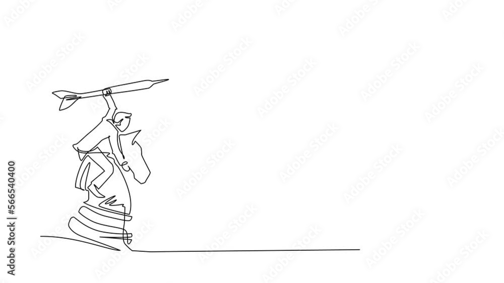 Poster animated self drawing of single continuous line draw businessman holding a dart arrow while riding c