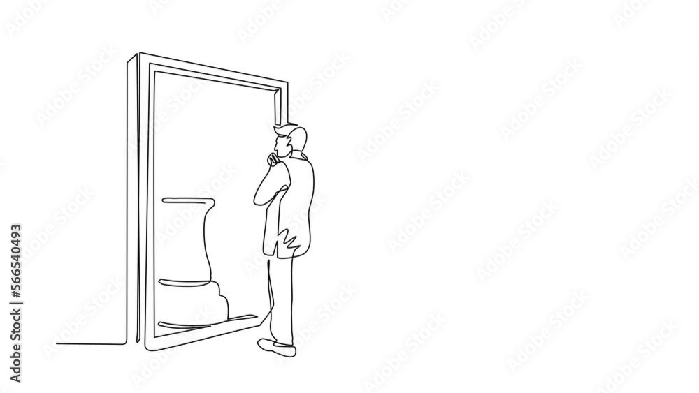 Poster animated self drawing of continuous line draw businessman standing in front of mirror, reflecting ch