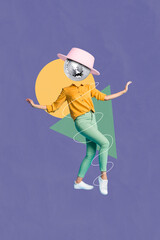Collage poster postcard picture artwork of funny weird girl discoball instead face dancing karaoke club isolated on drawing background