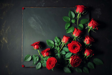 Top view of a composition of red roses. Blooming fresh flowers arranged on a black chalkboard. Frame with blank space for your artwork. Spring background. 3d rendered.