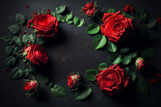 Top view of a composition of red roses. Blooming fresh flowers arranged on a black chalkboard. Frame with blank space for your artwork. Spring background. 3d rendered.