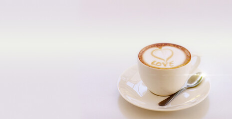 Coffee, love and cappuccino with mockup, white background and product placement for drink. Heart, bespoke latte art design and cup in creative cafe launch or minimal restaurant advertisement space.