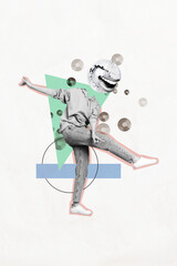 Vertical collage portrait of excited person black white colors disco ball instead head smiling...