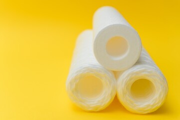 Cartridges for water treatment systems on yellow background.