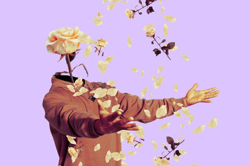 Creative collage picture of person raise opened arms flower instead head catch flying roses...
