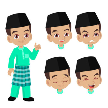 Malay boy in traditional costume with difference face expression