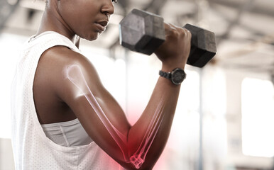 Bone hologram overlay, black woman athlete and weight training of a strong female athlete. Gym...