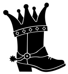 Cowboy boot with King crown silhouette. Cowgirl boot with princess crown vector black printable illustration isolated on white background for design. 
Cowboy birthday party for celebrating card.