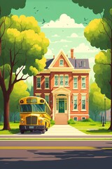 Obraz premium cartoon illustration, a city street with a school building and a yellow bus for schoolchildren AI generative