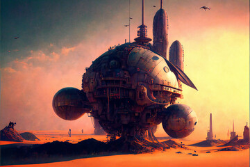 Fototapeta na wymiar Dystopian fantasy planet with aircrafts and machinery