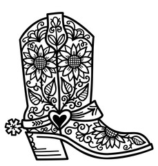Cowboy boot floral decoration. Vector hand drawn illustration of Cowboy boot with sunflowers decor printable outline style design. Cowgirl boots. - 566541087