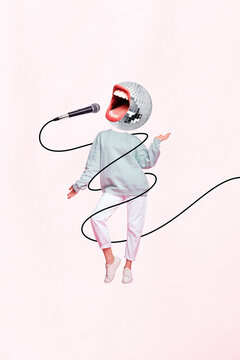 Vertical collage image of dancing singing person disco ball talking mouth instead head wired microphone isolated on creative background