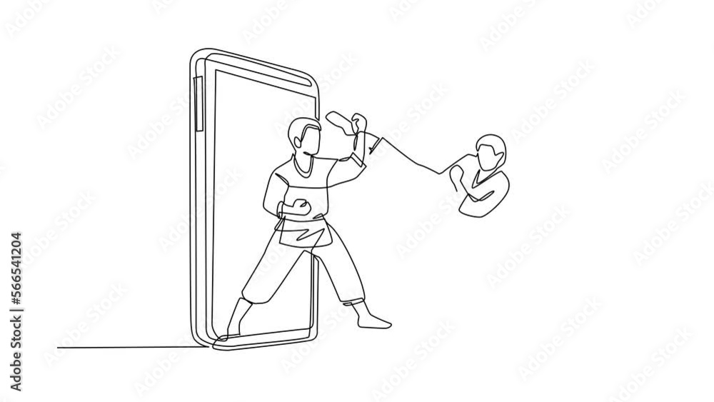 Poster animated self drawing of continuous line draw karate fighters comes out from cellular phone. profess