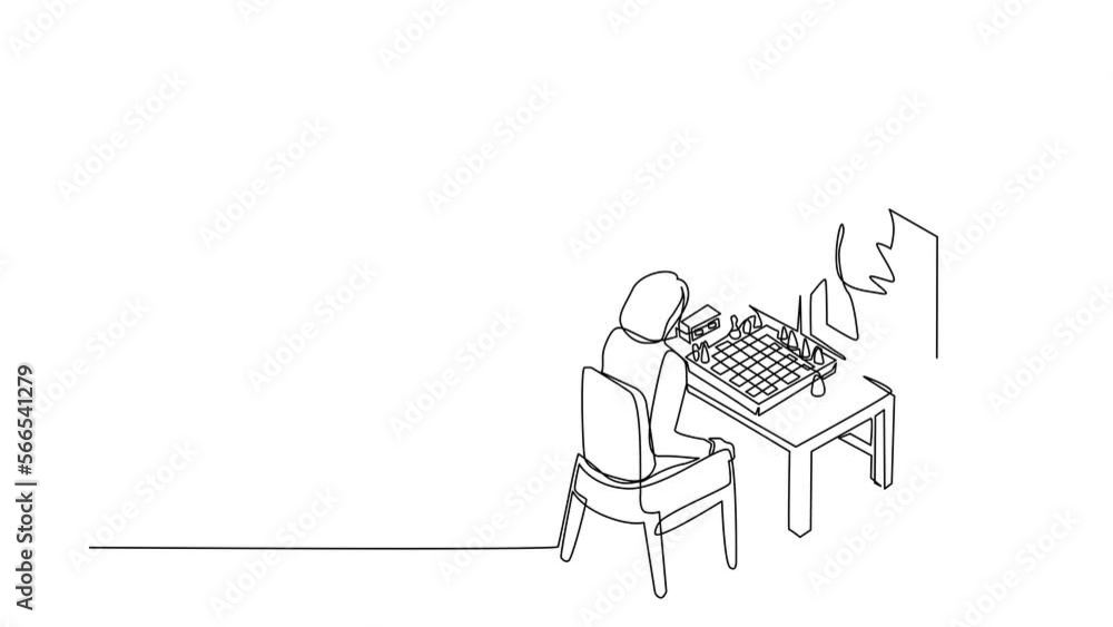 Poster animated self drawing of continuous line draw online chess education concept. two woman sitting at t