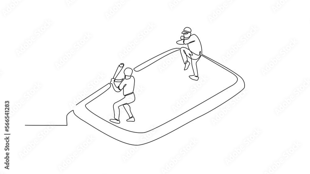 Aufkleber animated self drawing of continuous line draw baseball field with two players on smartphone screen. 