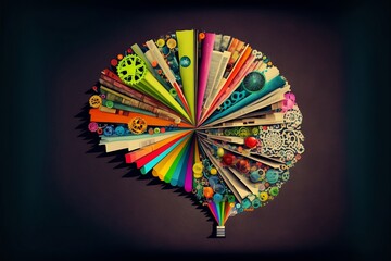 Art collage with a brain, stack of books, gears and a light bulb. Library, education, new idea. Concept