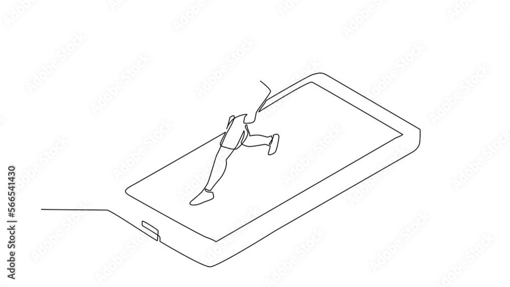Poster self drawing animation of single line draw man running on smartphone treadmill. exercise fitness app