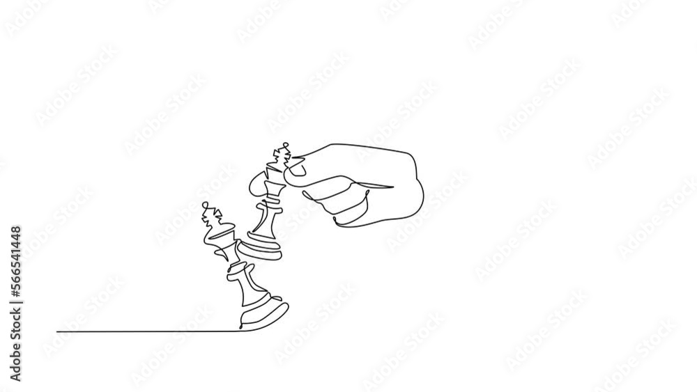 Poster animated self drawing of continuous line draw man hand holding chess king. male use king chess piece